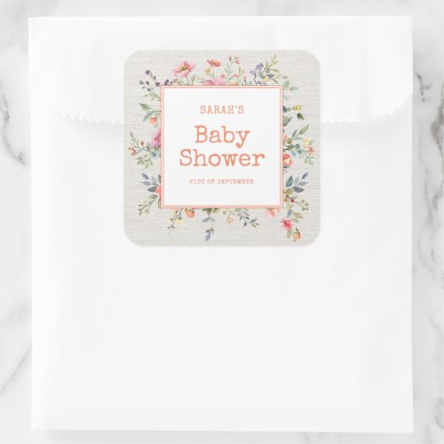 Floral Boho Rustic Chic Botanical Baby Shower Square Sticker