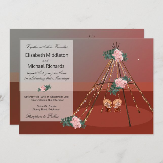 Floral Boho Rustic Desert Teepee / Tipi Wedding Invitation (Front/Back)
