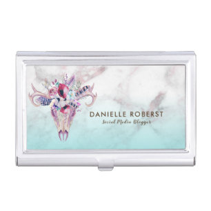 Floral Boho Skull & Rose-gold Marble Ombre Business Card Case