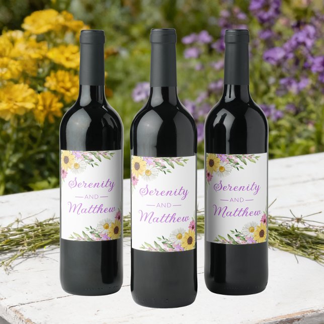 Floral Boho Sunflower Daisy Bridal Shower Wine Label (Creator Uploaded)