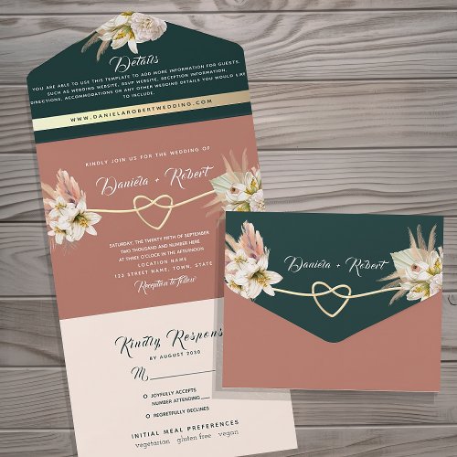 Floral Boho Teal and Terracotta Wedding All In One Invitation