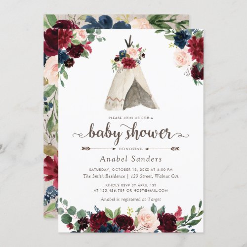Floral Boho Teepee Chic Arrows Tribal Baby Shower Invitation