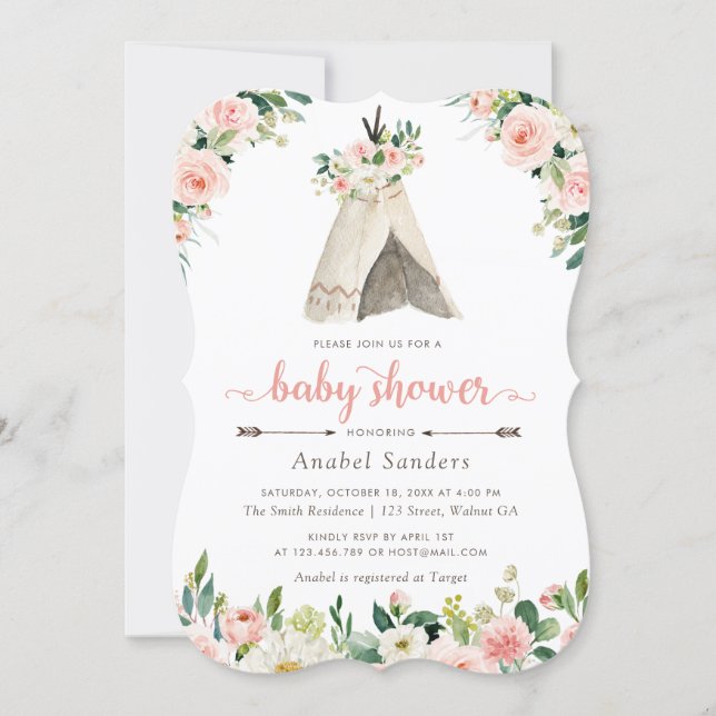 Floral Boho Teepee Chic Arrows Tribal Baby Shower Invitation (Front)