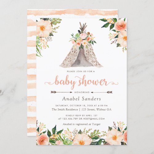 Floral Boho Teepee Chic Cactus Tribal Baby Shower Invitation