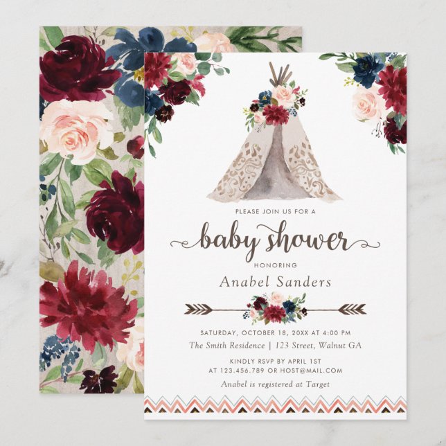 Floral Boho Teepee Navy Arrows Tribal Baby Shower Invitation (Front/Back)