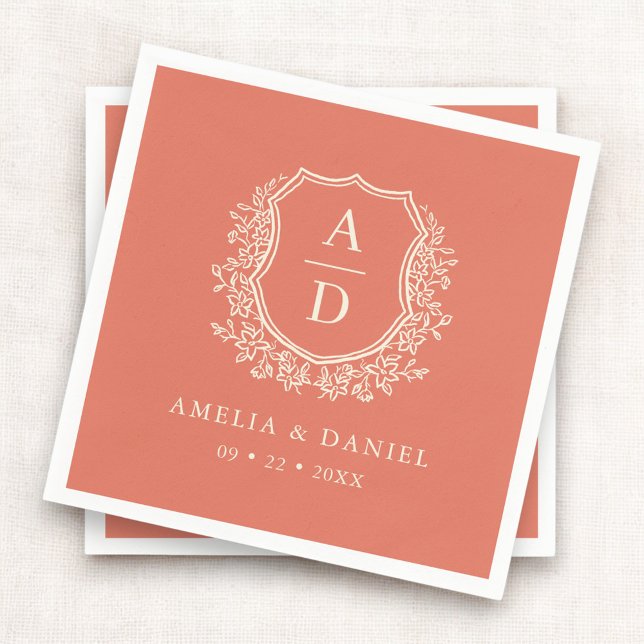 Floral Boho Terracotta Crest Wedding Monogram Napkins (Creator Uploaded)