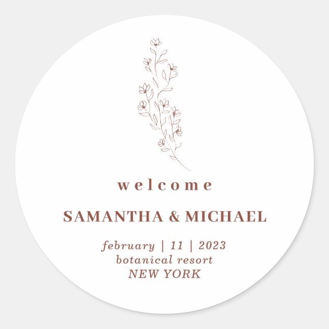 Floral Boho Terracotta Indie Welcome Wedding Classic Round Sticker