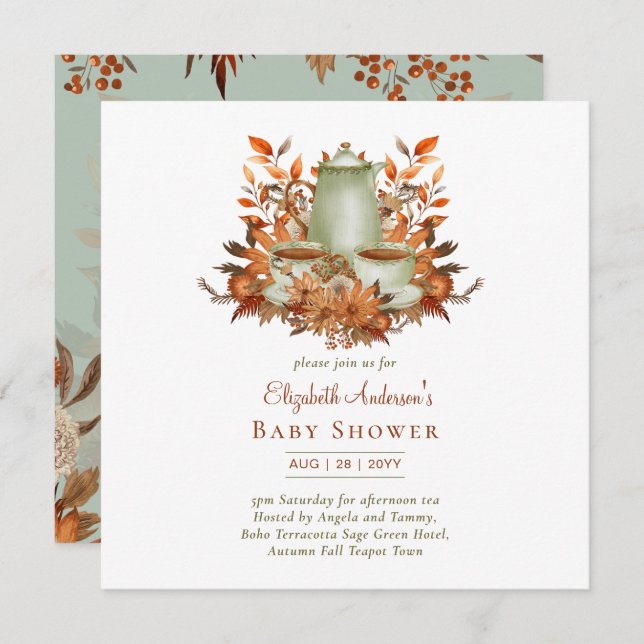 Floral Boho Terracotta Sage Tea Party ANY EVENT Invitation (Front/Back)