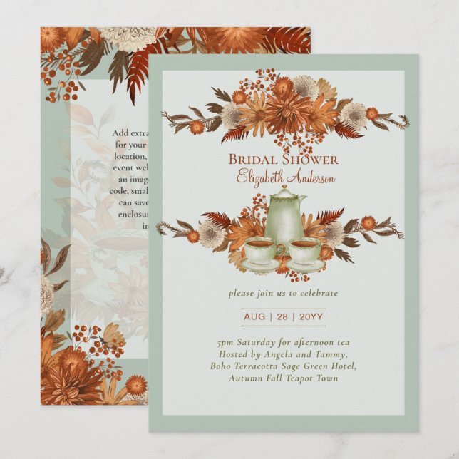 Floral Boho Terracotta Sage Tea Party Event Invitation (Front/Back)