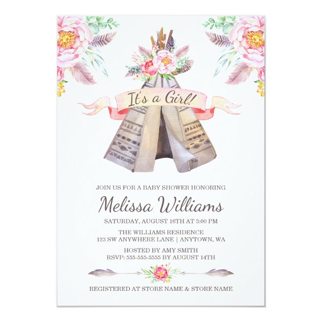 Floral Boho Tribal Teepee Girl Baby Shower Invitation