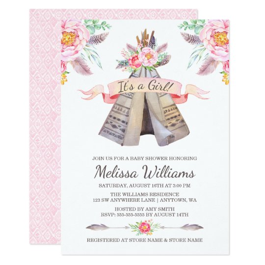 Floral Boho Tribal Teepee Girl Baby Shower Invitation Zazzle Com