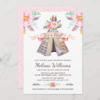 Floral Boho Tribal Teepee Girl Baby Shower Invitation