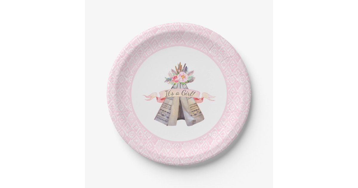 Floral Boho Tribal Teepee Girl Baby Shower Paper Plate Zazzle Com