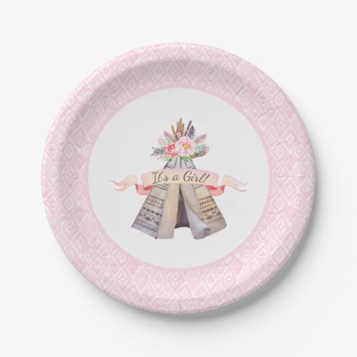 Floral Boho Tribal Teepee Girl Baby Shower Paper Plates