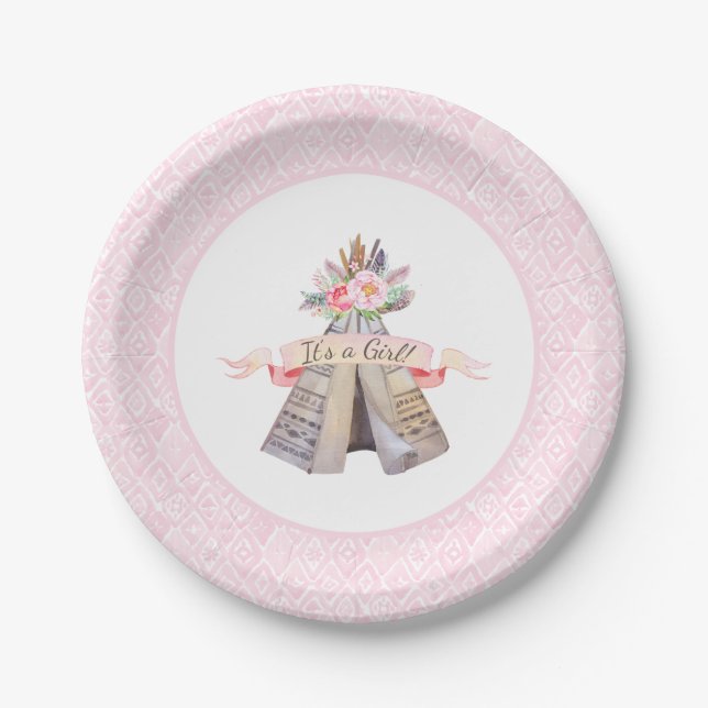 Floral Boho Tribal Teepee Girl Baby Shower Paper Plates (Front)
