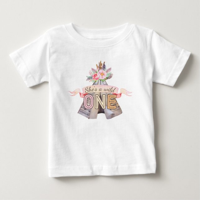 Floral Boho Tribal Teepee Wild One 1st Birthday Baby T-Shirt (Front)