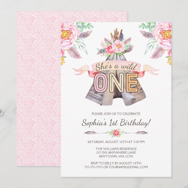 Floral Boho Tribal Teepee Wild One 1st Birthday Invitation (Front/Back)