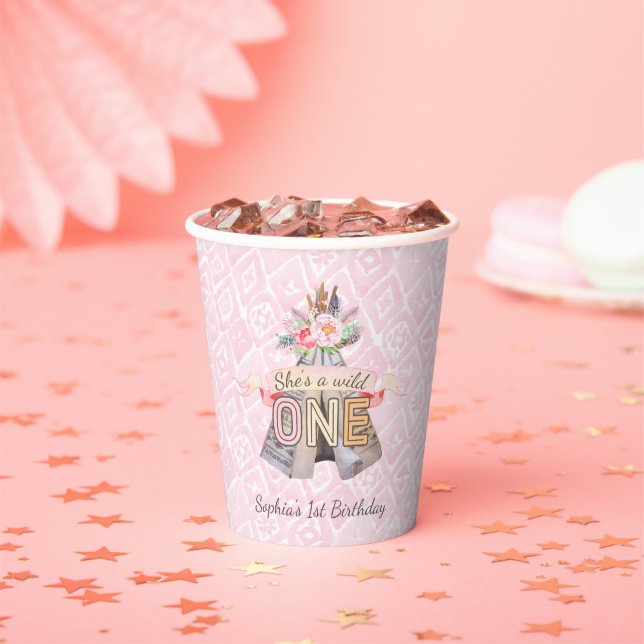 Floral Boho Tribal Teepee Wild One 1st Birthday Paper Cups (Insitu)
