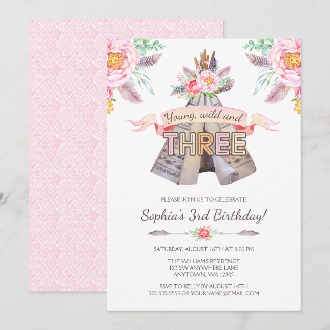 Floral Boho Tribal Teepee Young Wild 3rd Birthday Invitation (Front/Back)