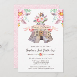Floral Boho Tribal Teepee Young Wild 3rd Birthday Invitation