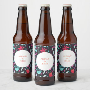 Floral Boho Watercolor Dark Wedding Beer Bottle Label