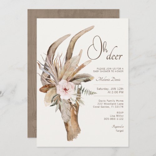 Floral Boho Watercolor Deer Antler Baby Shower Invitation