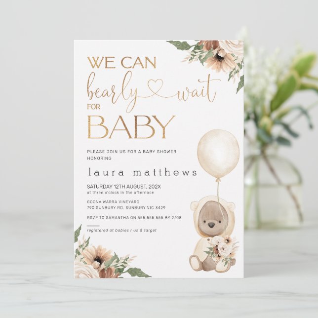 Floral Boho We Can Bearly Wait Baby Shower  Invitation (Standing Front)