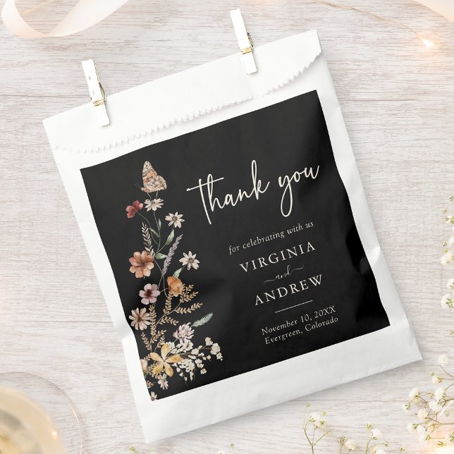 Floral Boho Wedding Favor Bag (Black Floral Boho Wedding Favor Bag with Butterfly by Painted Paperie
)
