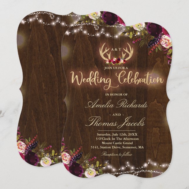 Floral Boho Wedding Invitation Rustic Antler (Front/Back)