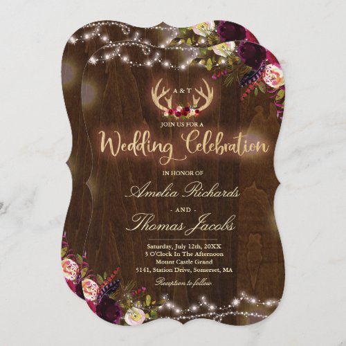 Floral Boho Wedding Invitation Rustic Antler