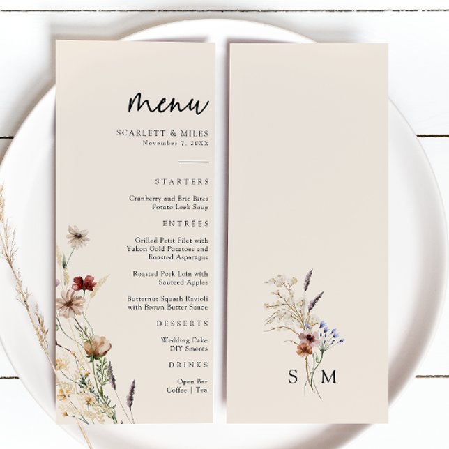 Floral Boho Wedding Menu (Tan Wildflower Floral Boho Wedding Menu by Painted Paperie
)
