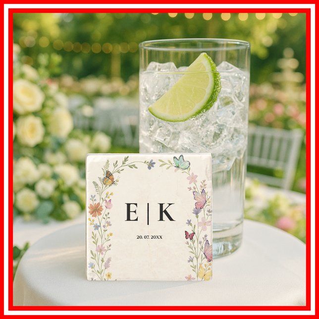 Floral Boho Wildflower Butterfly Monogram Wedding Stone Coaster (Creator Uploaded)