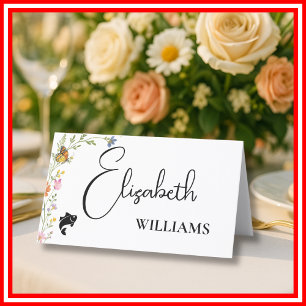 Floral Boho Wildflower Fish Menu Wedding Name Card