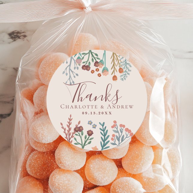 Floral Boho Wildflower Wedding Favor Classic Round Sticker (Creator Uploaded)