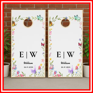 Floral Boho Wildflowers Butterfly Monogram Wedding Cornhole Set