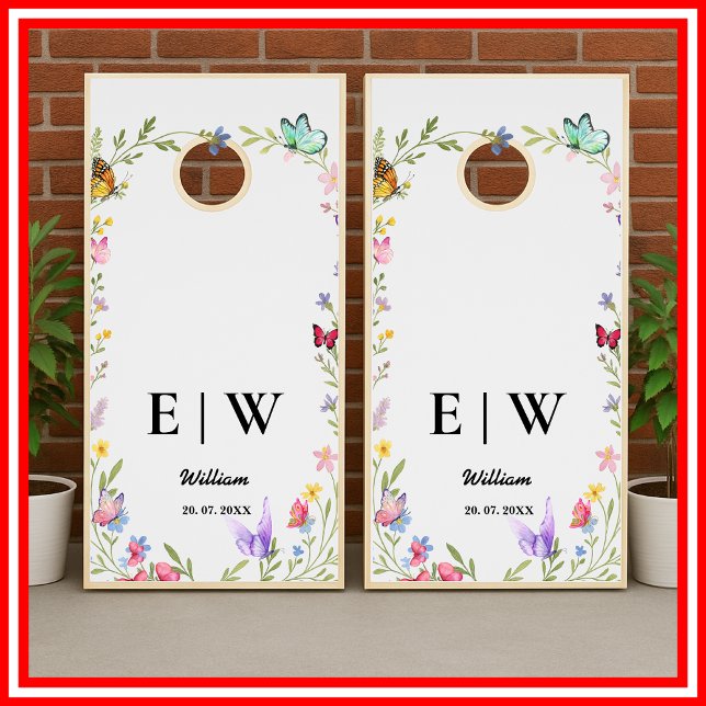 Floral Boho Wildflowers Butterfly Monogram Wedding Cornhole Set (Creator Uploaded)