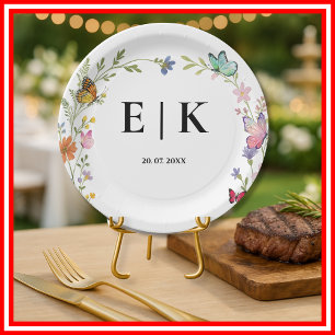 Floral Boho Wildflowers Monogram Butterfly Wedding Paper Plates