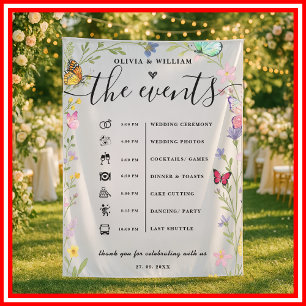 Floral Boho Wildflowers Order of Events Wedding Tapestry
