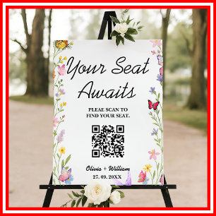 Floral Boho Wildflowers Wedding Seating Chart QR Foam Board