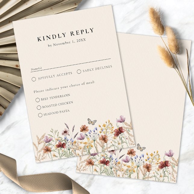 Floral Boho With Meals RSVP Card (Tan Floral Boho Meals RSVP Card by Painted Paperie
)