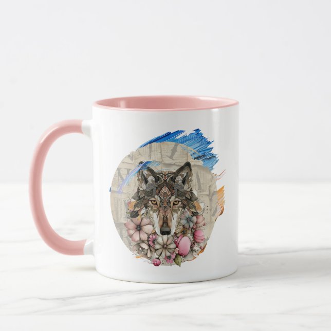 Floral Boho Wolf with Paint Accents  📄 Descriptio Mug (Left)