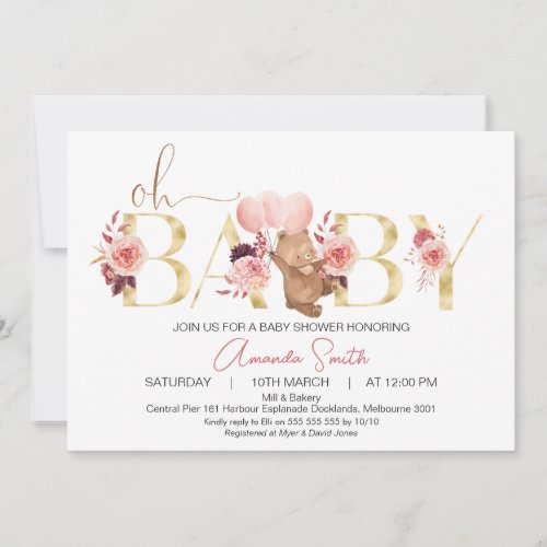 Floral Boho Word Bear Balloon Baby Shower Invitation