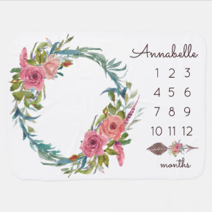 Floral Boho Wreath Pink Baby Monthly Milestone Baby Blanket