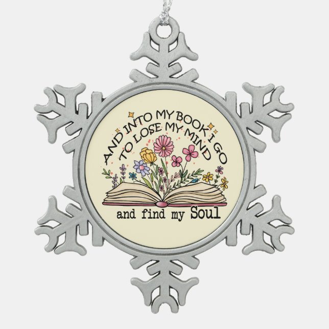 Floral Book Lover Snowflake Pewter Christmas Ornament (Front)