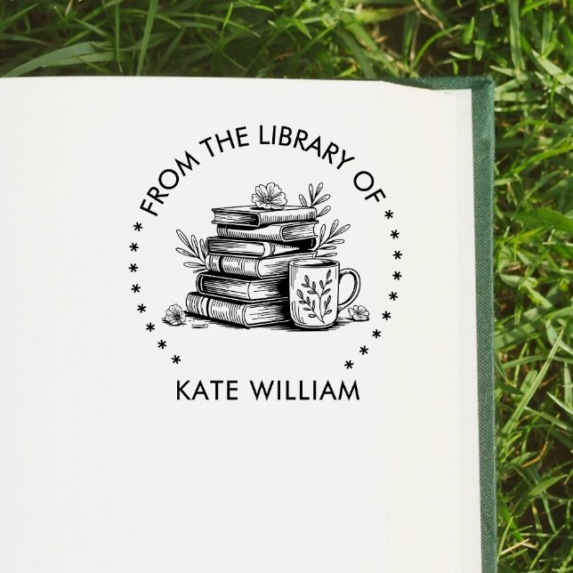 Floral book stack & Coffee From the library of Self-inking Stamp (Creator Uploaded)