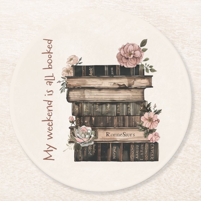 Floral Book Stack Round Paper Coaster (Front)