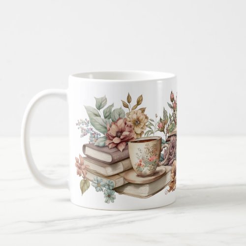 Floral Books and Coffee Mug 11oz