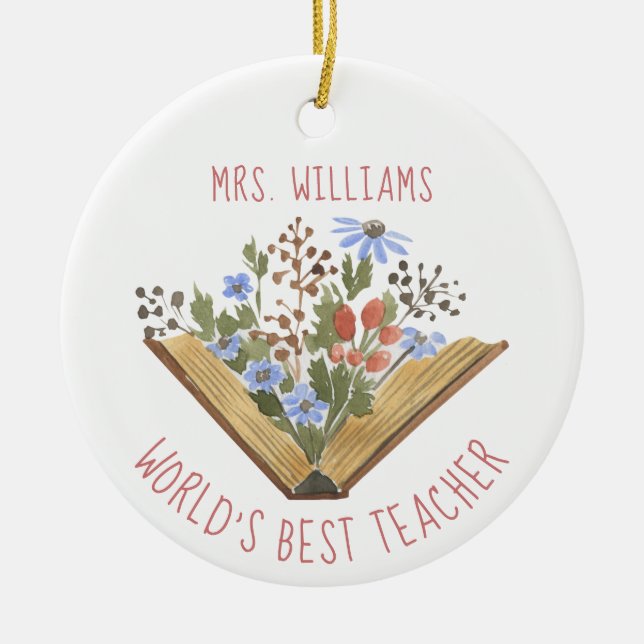 Floral Books World's Best Teacher Ceramic Ornament (Front)