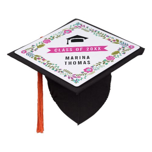 Floral border aqua pink green Class of 2024 Graduation Cap Topper