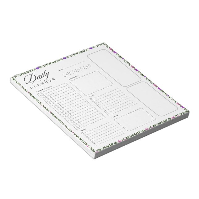 Floral border blank universal daily planner sheet notepad (Angled)